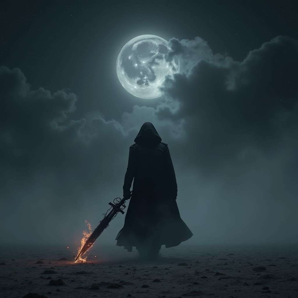 Dark Figure Walks Through Barren Wasteland Desert Under Blac...