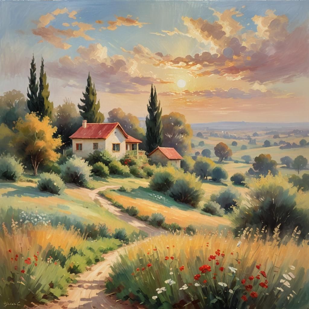 Impressionist Painting of House with Red Roof