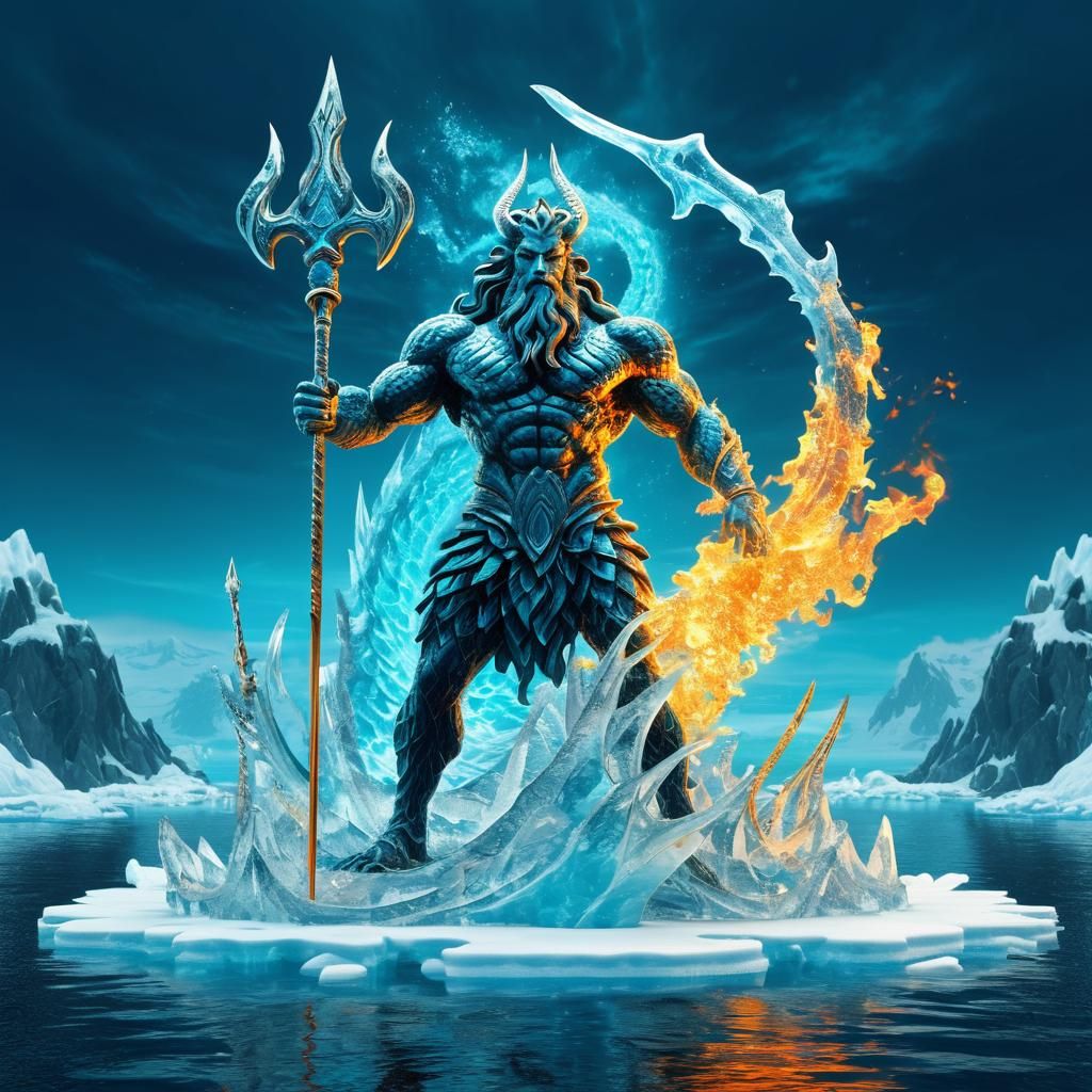 Poseidon with Fire Trident in Abstract Arctic Sea
