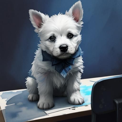 Yorke Puppy Relaxing on Desk in Art Deco Watercolor
