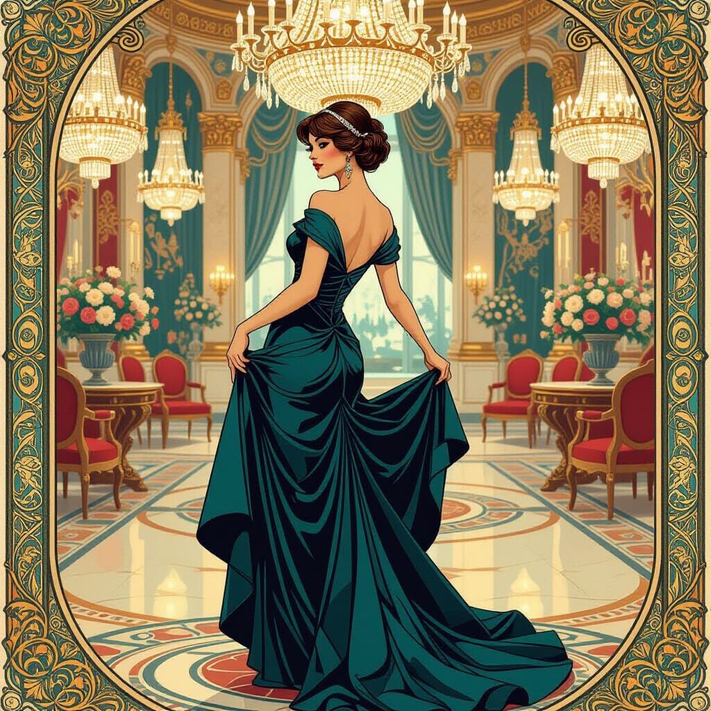 Elegant Woman in Lavish Ballroom, Art Nouveau Style