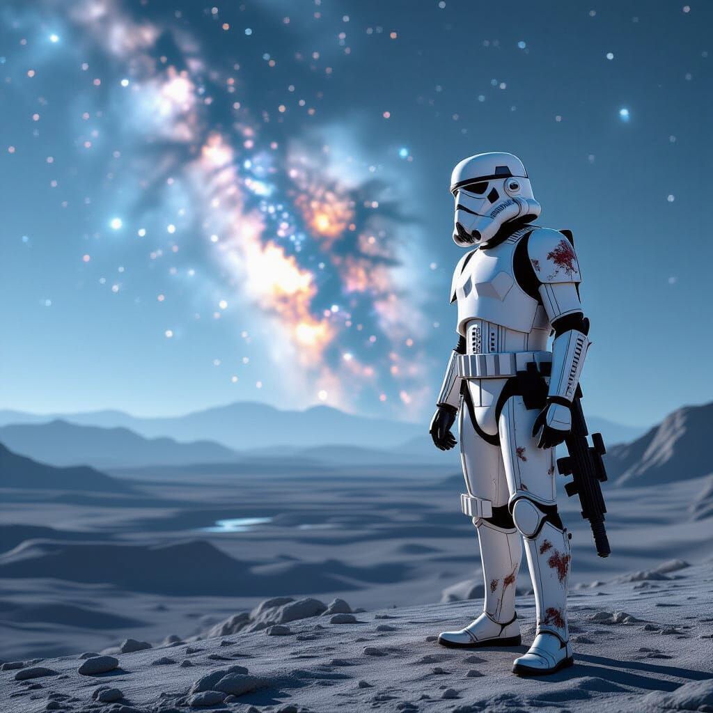 Stormtrooper Surveys Alien Nebula in Hyperrealistic Style