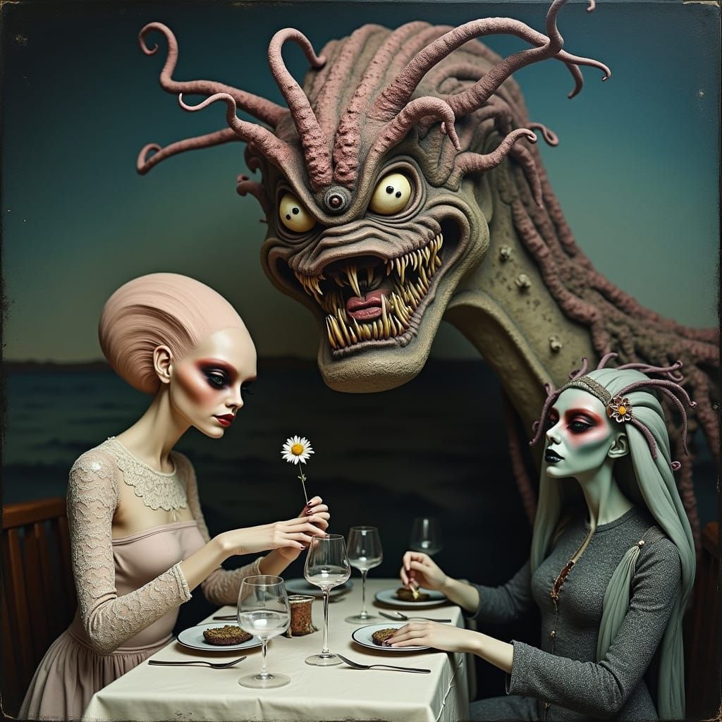 Surreal Restaurant Scene in Gritty, Subdued Light