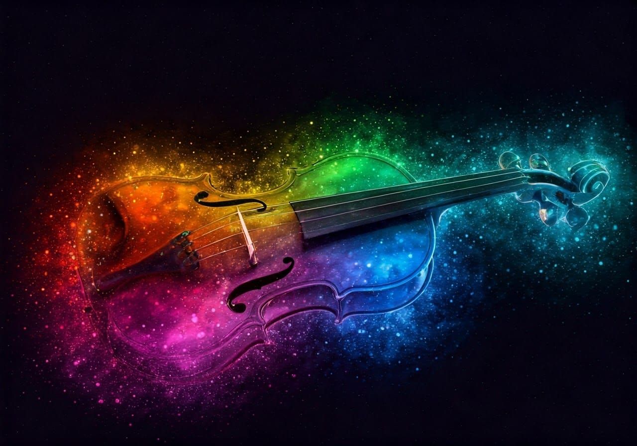 Rainbow Violin Shines at Night as Abstract Painting