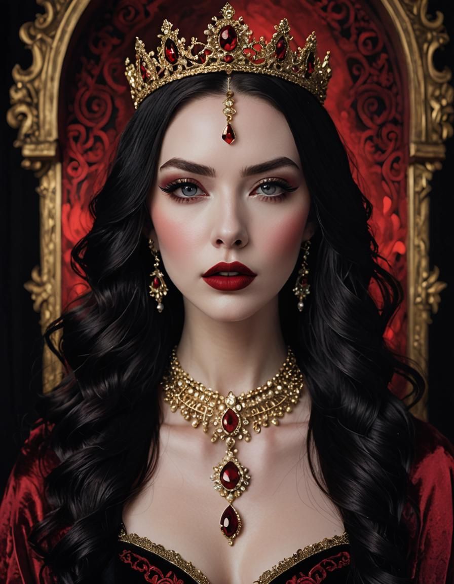 Fashionable Goth Queen with Red Velvet Background