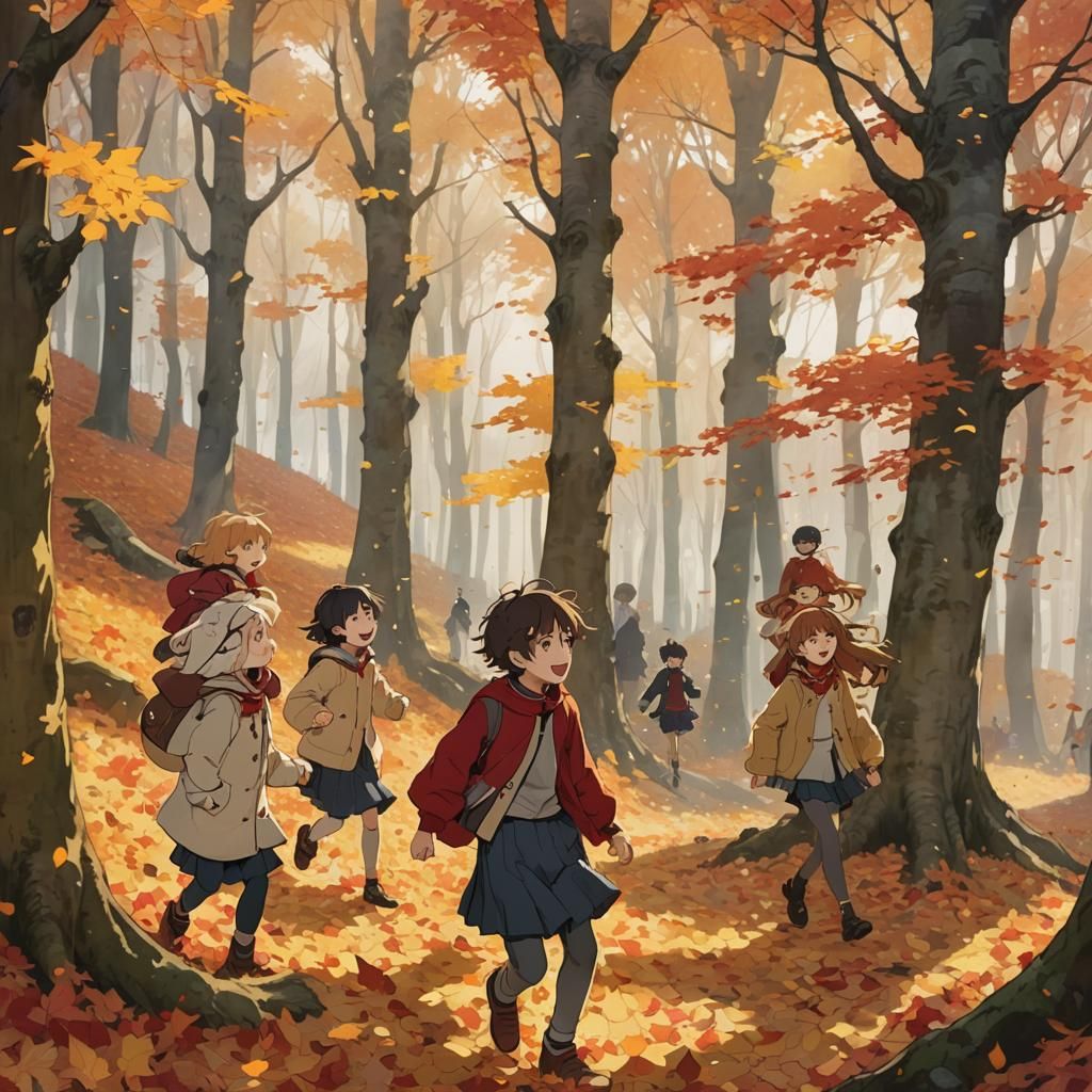 Children Play in Autumn Leaves: Anime Art Nouveau