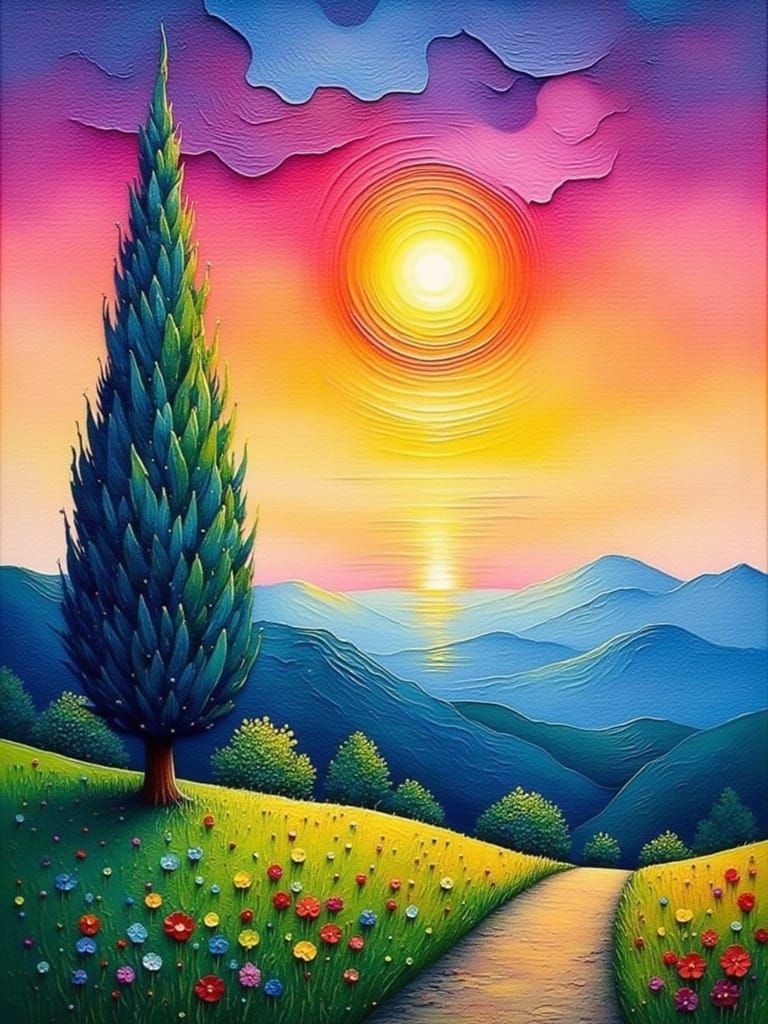 Vibrant Impressionist Landscape with Cypress Tree and Sunset