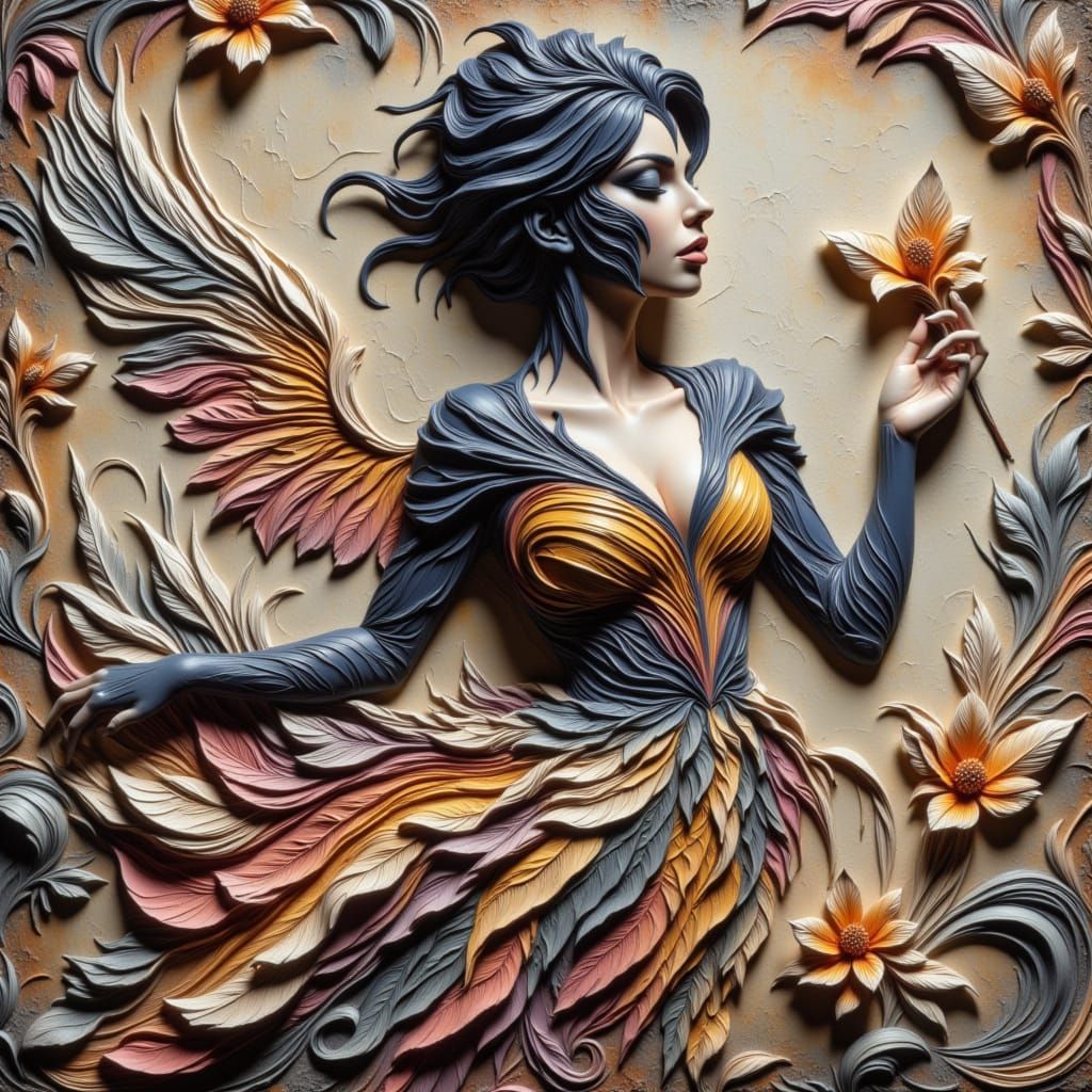 <lora:-Savagela-:1.0> <lora:Whimsical Nouveau D3:1.0> Songs of Feather and Aether, woman with back turned, dress crafted...