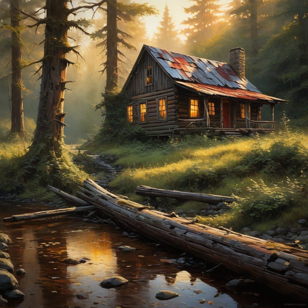 Rustic Log Cabin in Forest: Vibrant Oil Painting