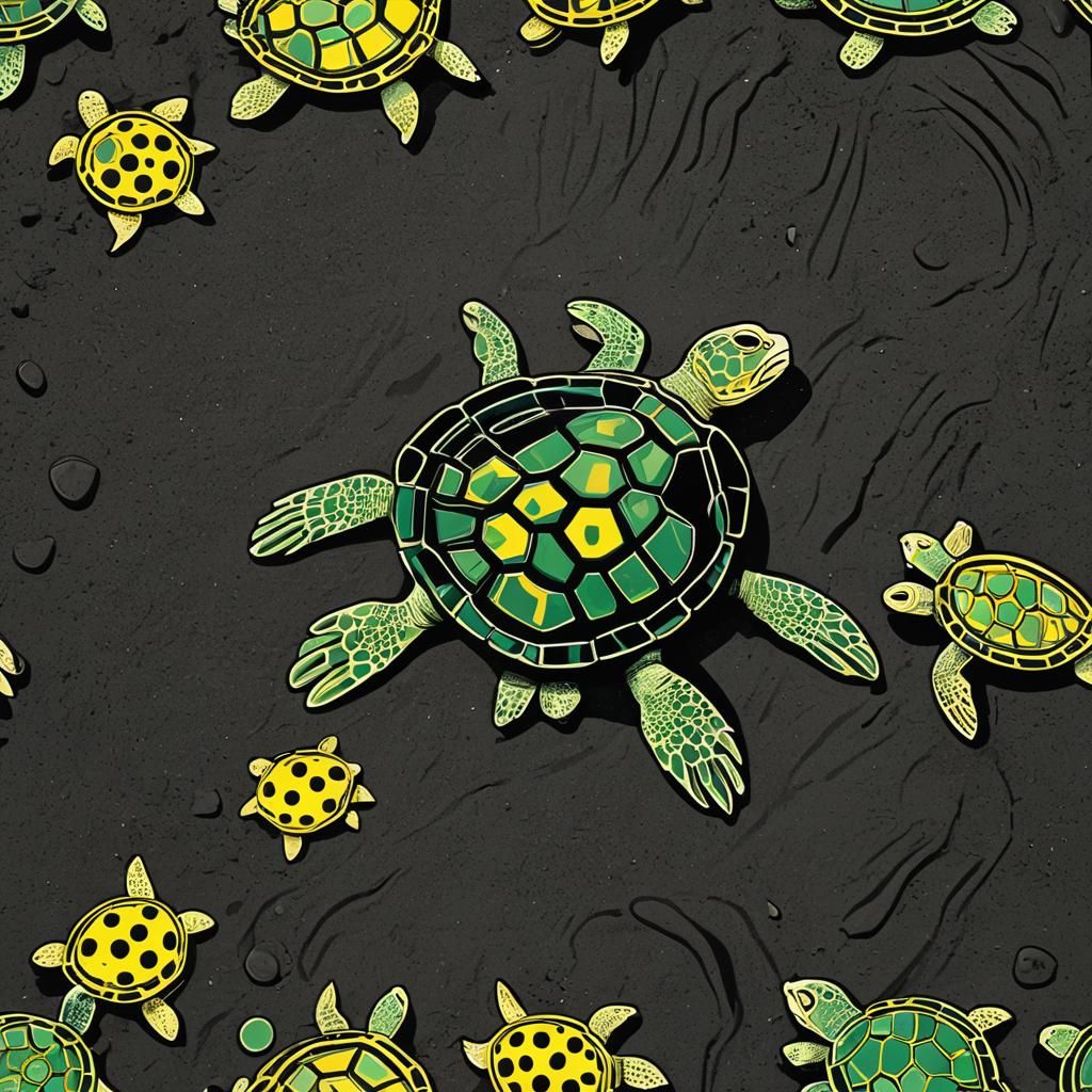 Pop Art Turtle on Black Sand in Lichtenstein Style