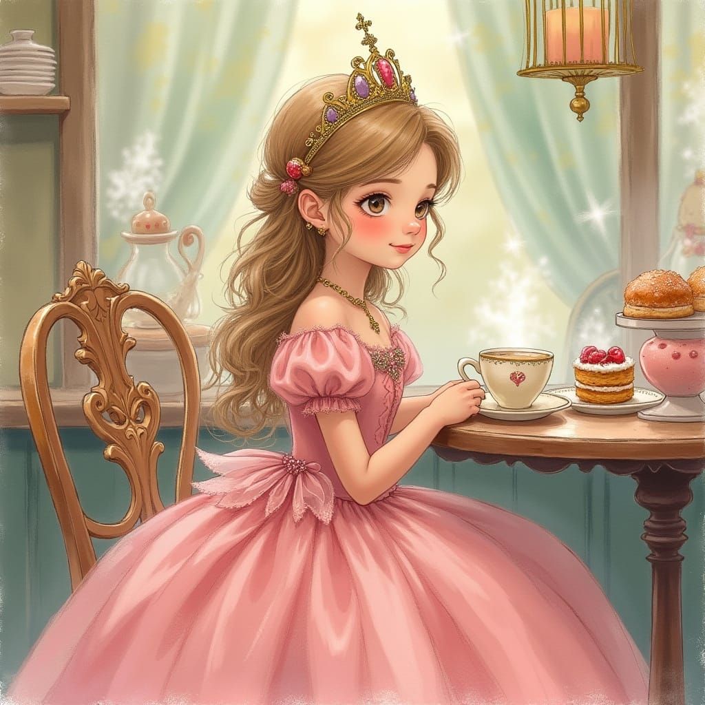 Princess in Whimsical Cafe, Watercolor Illustration