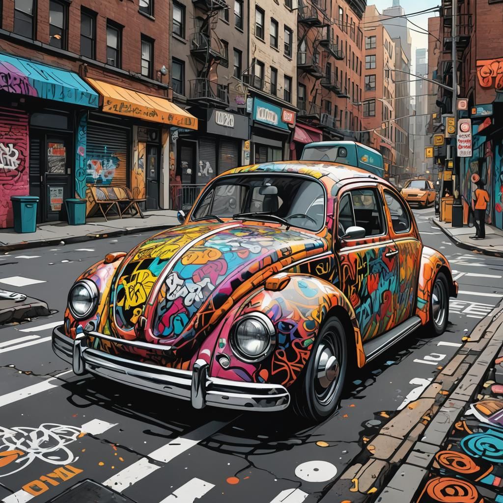 Graffiti-Covered VW Beetle in Comic Book Style