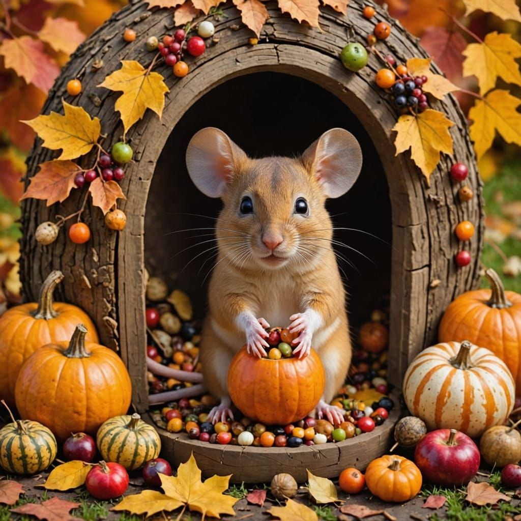 Cute Mouse Hoarding Autumn Foods