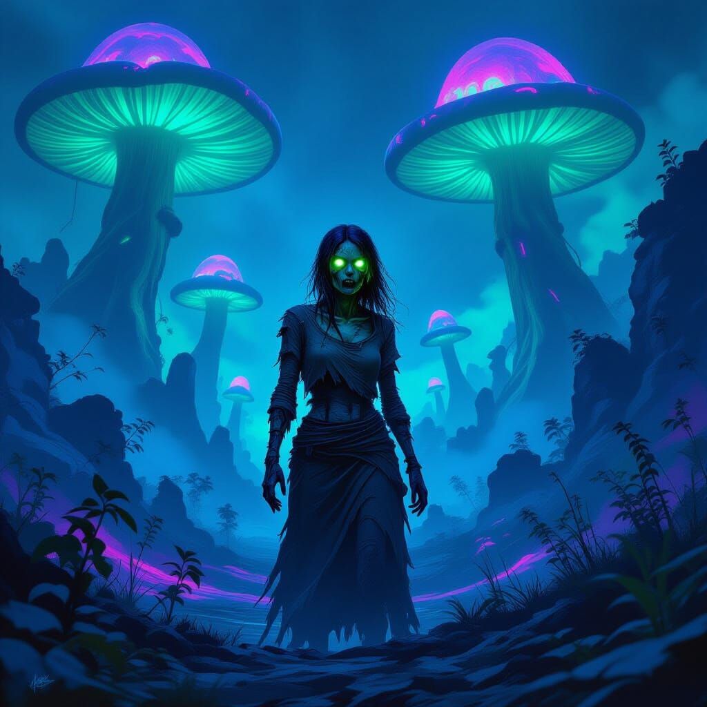Zombie Woman in Bioluminescent Alien Mushroom Forest