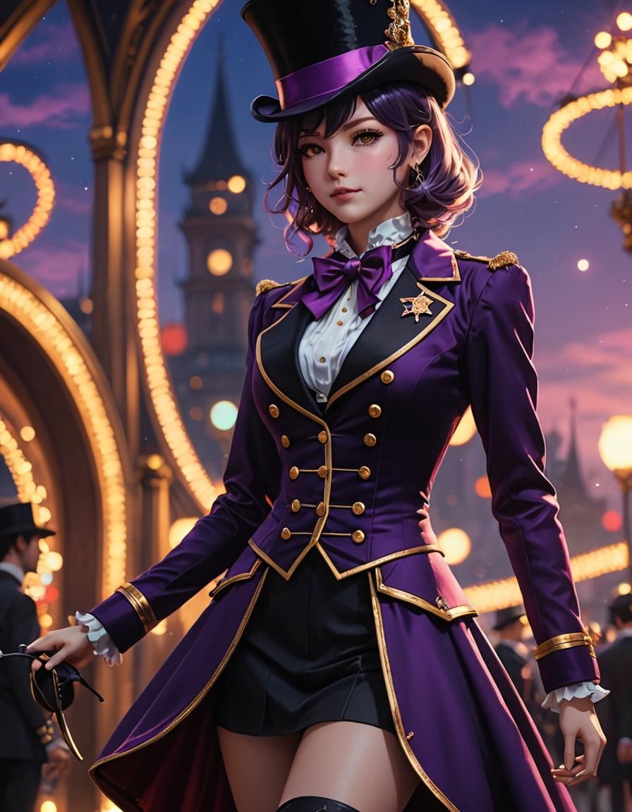 Anime Ringmaster in Velvet Dress with Bokeh Sunset