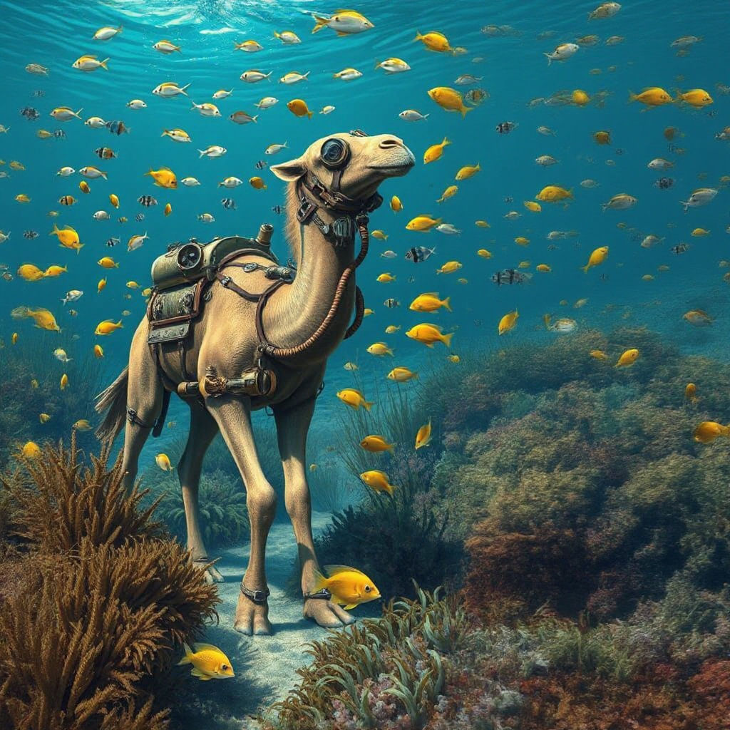 Steampunk Camel Scuba Diving on Ocean Floor