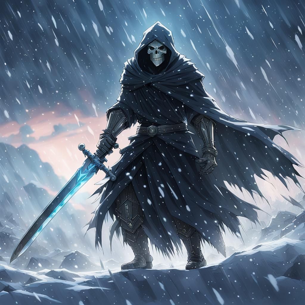 Armored Grim Reaper with Glowing Sword, Anime Style
