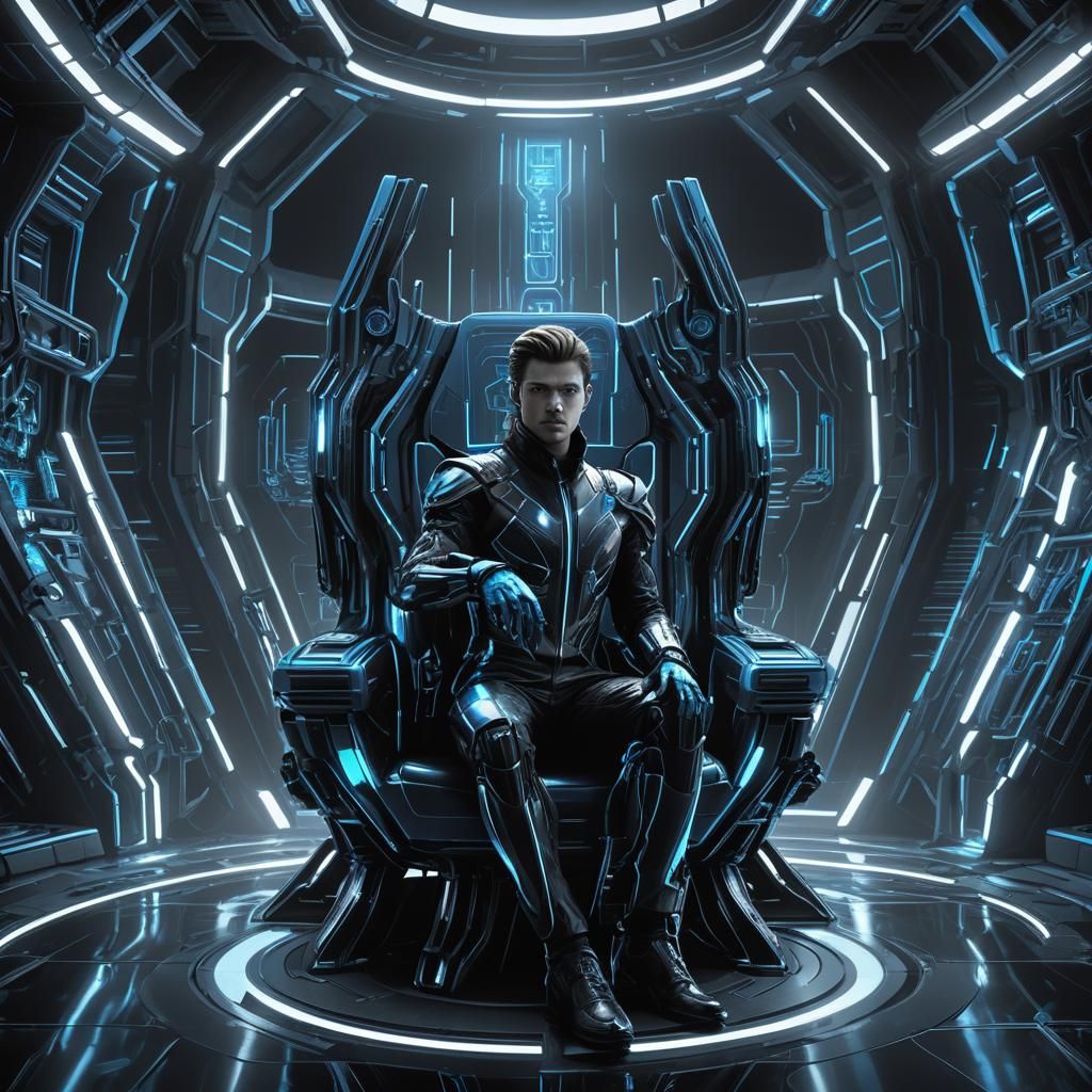 Person on Futuristic Throne in Sci-Fi Lab
