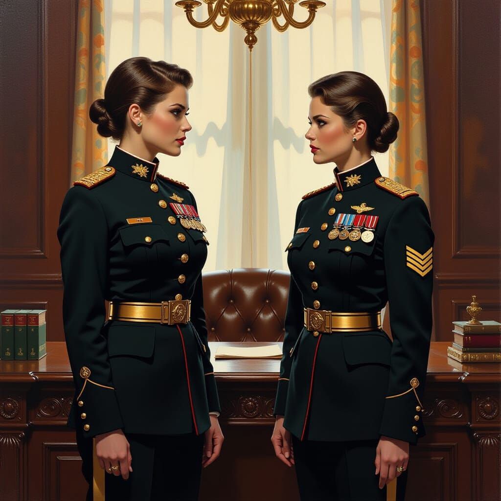 Woman in Ornate Uniform Scolds Subordinate: Fantasy Oil Pain...