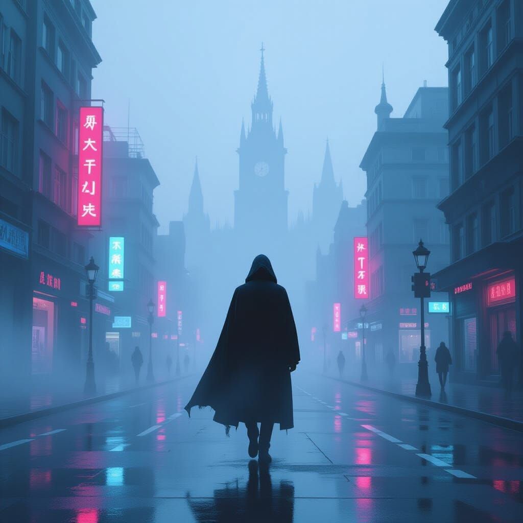Eerie Figure in Mist, with Neon Colors and Textures