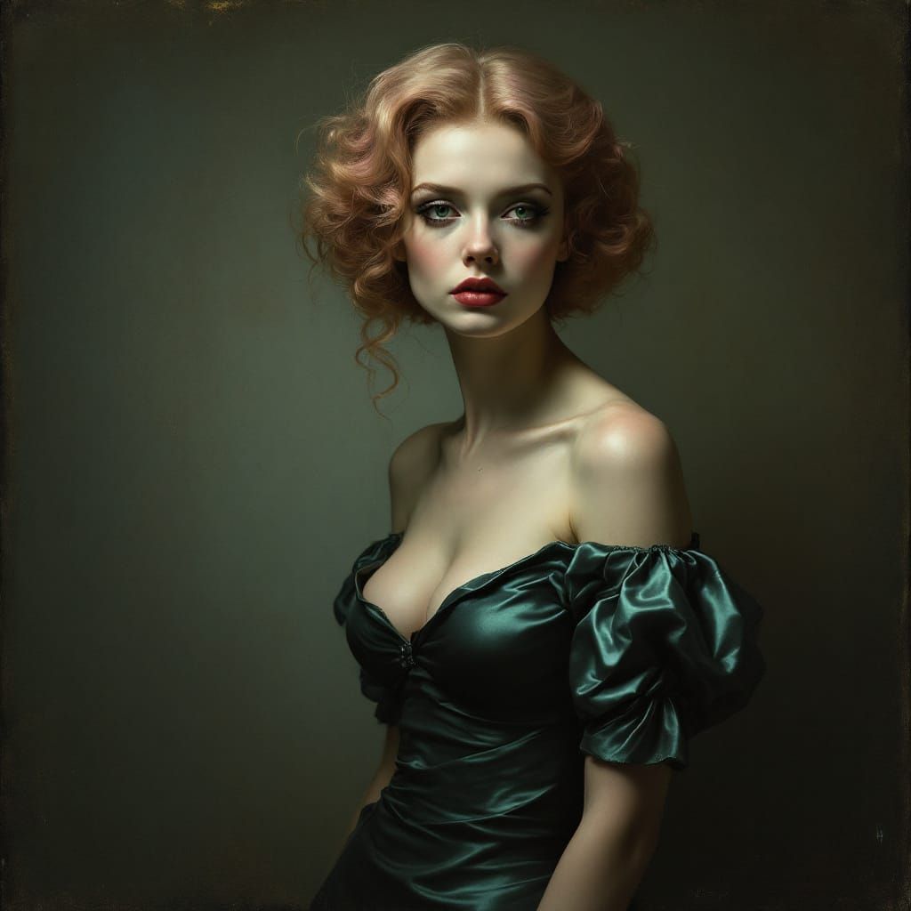 Melancholic Pin-Up Woman in Cyan Dress with Chiaroscuro
