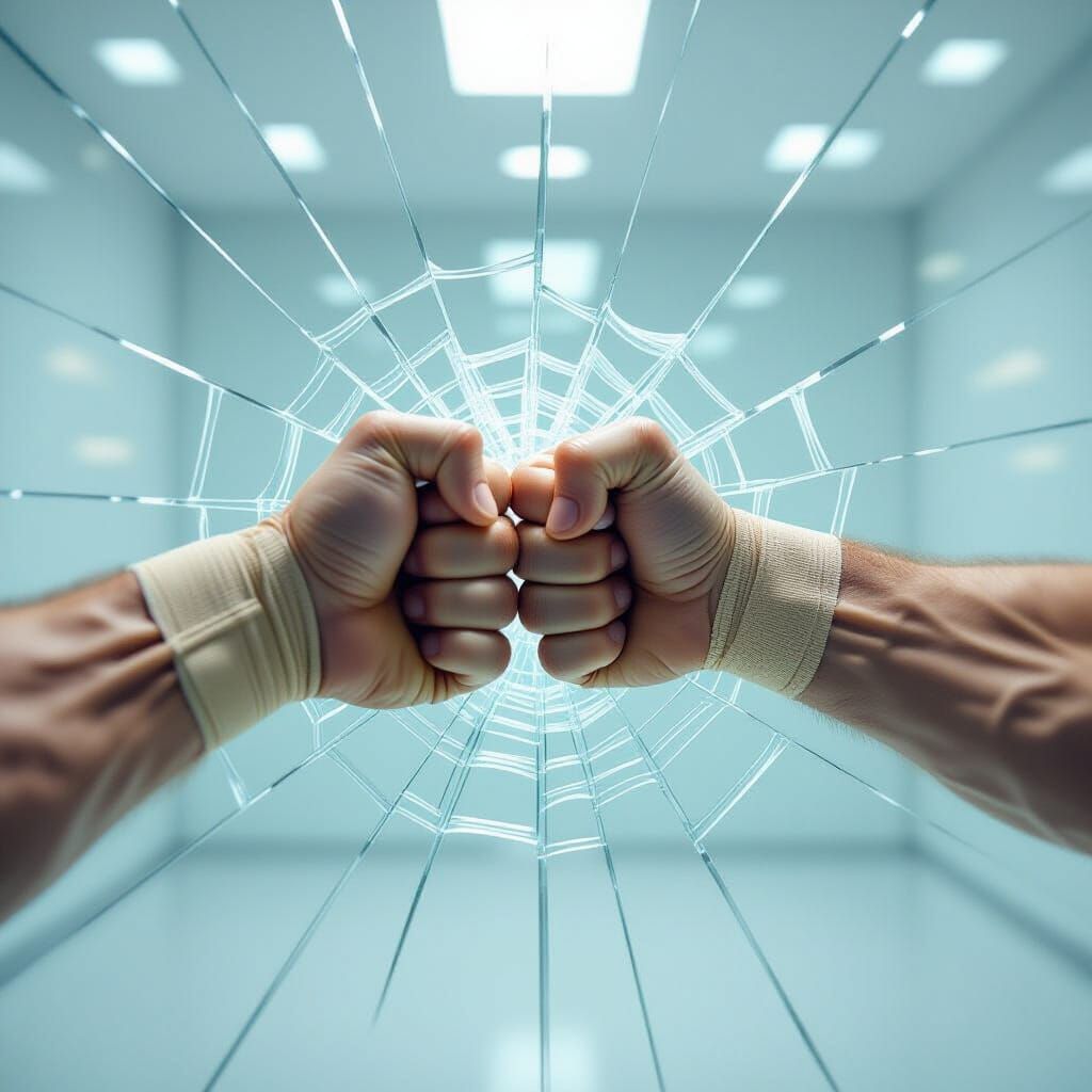 Fist Shatters Glass Wall in Hyperrealistic Cinematic Scene