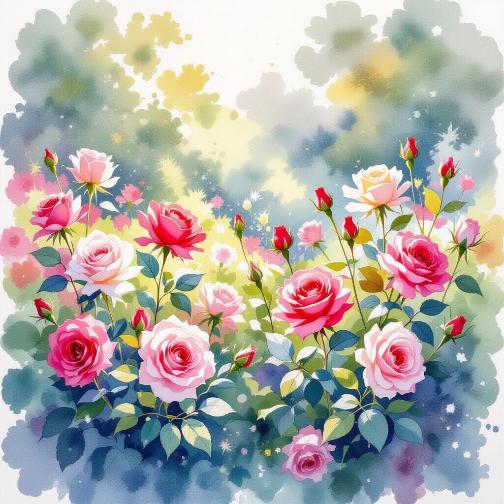 Rose Garden Glistening with Morning Dew