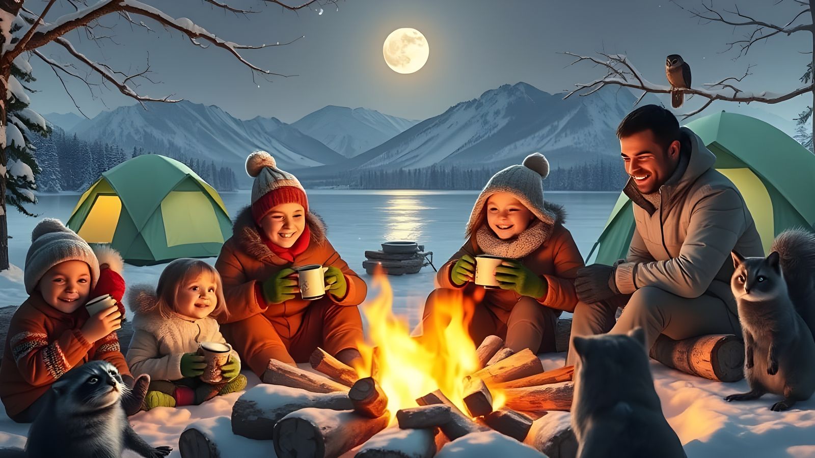 Cozy Winter Family Camping Scene in Golden Light