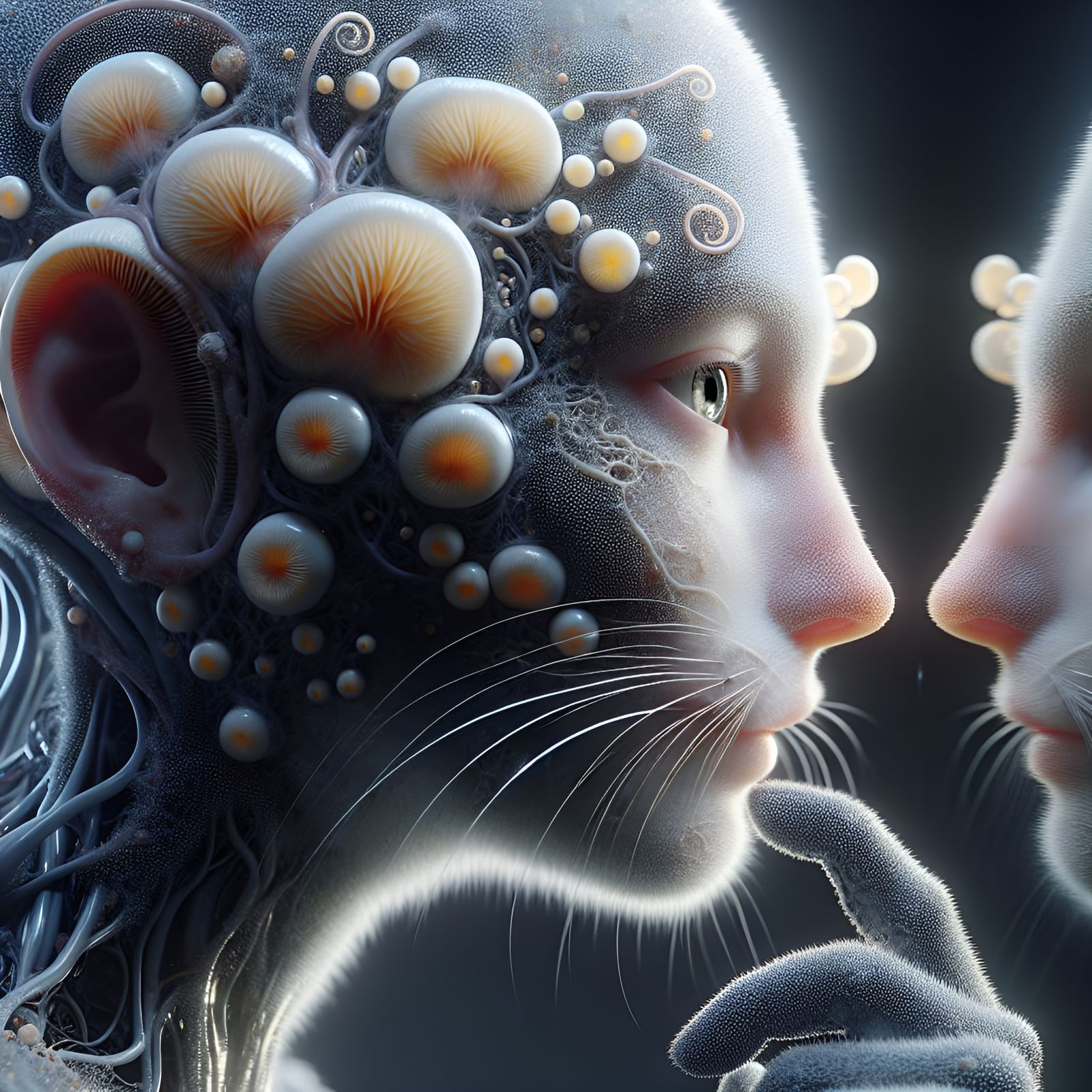 Introspective AI with Mushroom Crown Gazing in Mirror