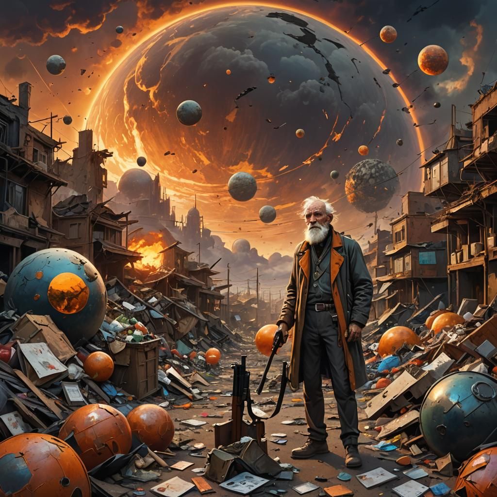 Fantastic Old Man with Gun in Mirror Sphere