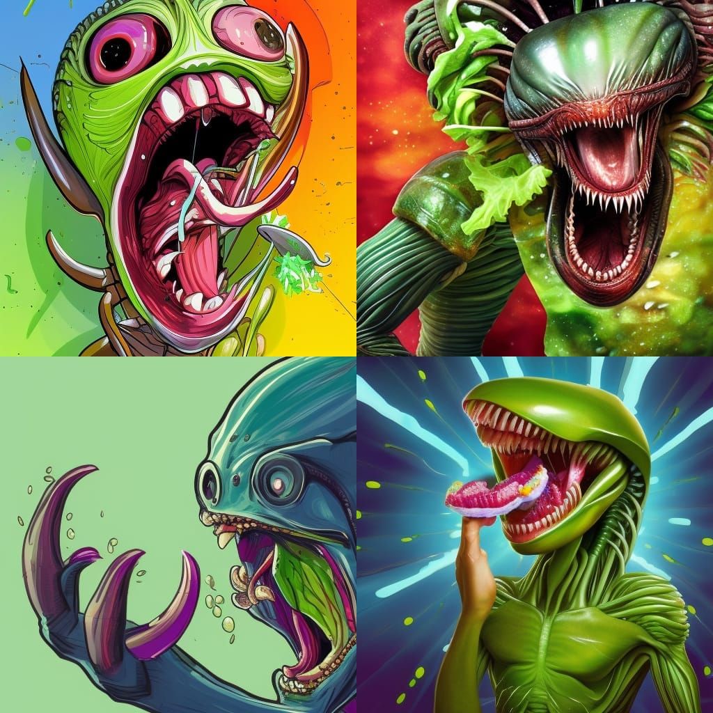 Hyperrealistic Alien Laughing While Eating Salad