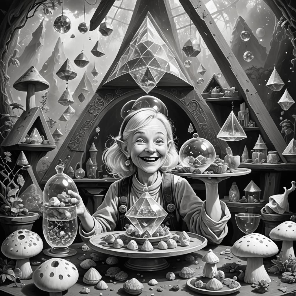 Gnome Woman in Crystal Pyramid with Floating Objects