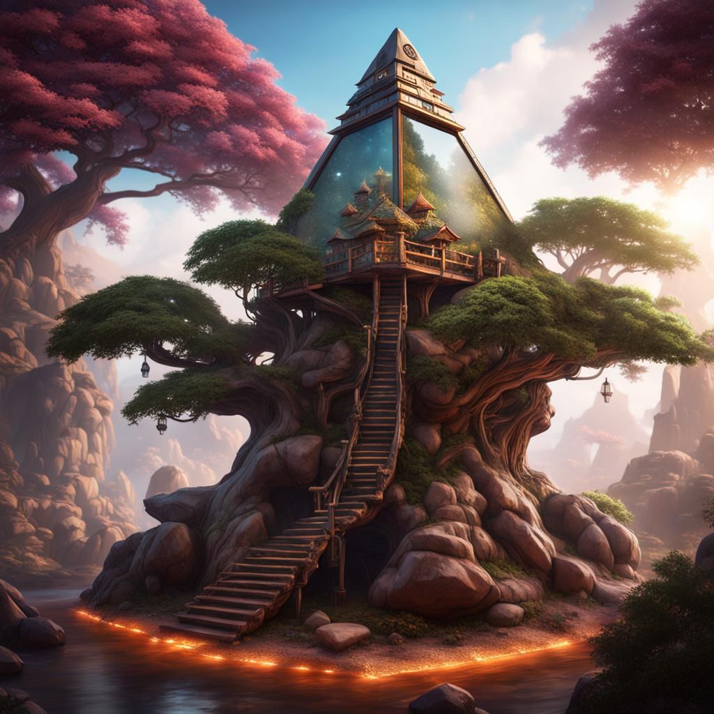 crystal pyramid with a bonsai treehouse inside