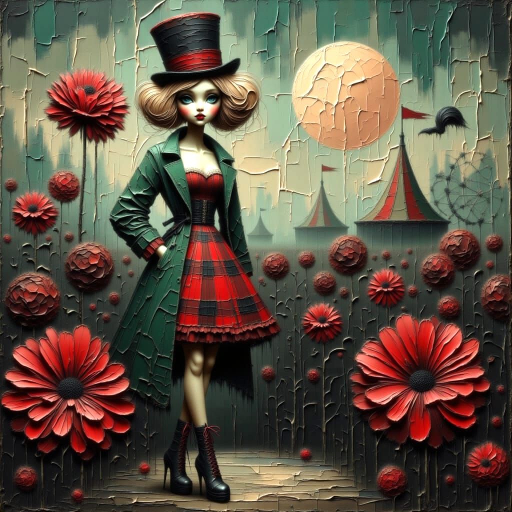 Gothic Grunge Woman in Flower Field as Impasto Painting