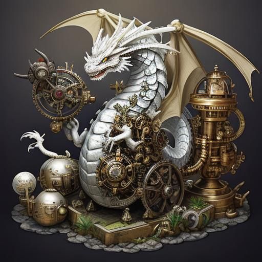 Baby White Dragon Amidst Steampunk Jewels