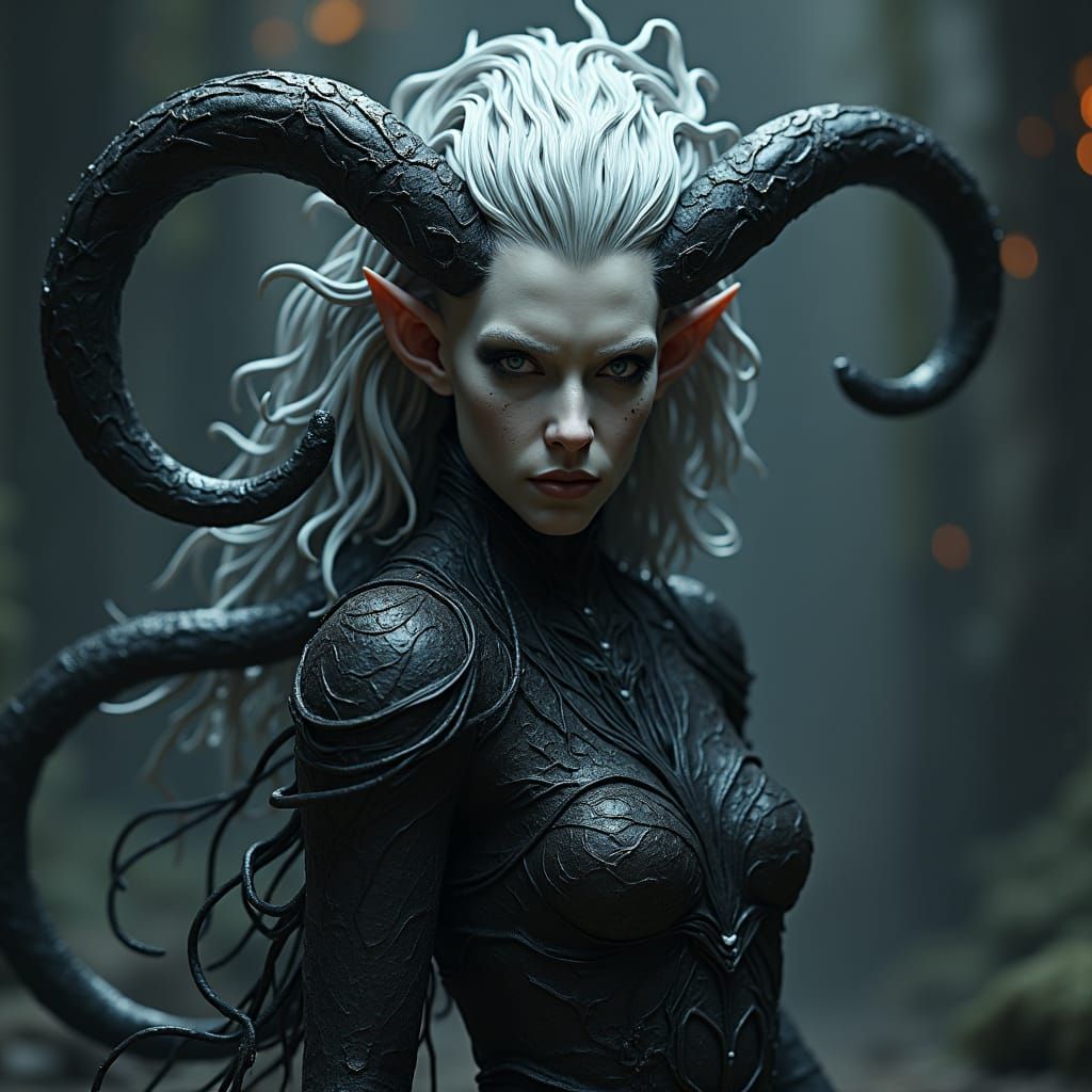 Grotesque Dark Elf Pythia in Ominous Underworld