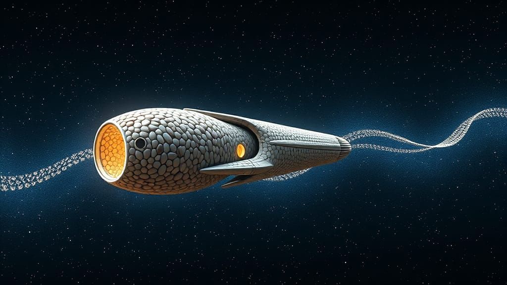 Cosmic Pebble Art Spaceship Glides through Starry Expanse