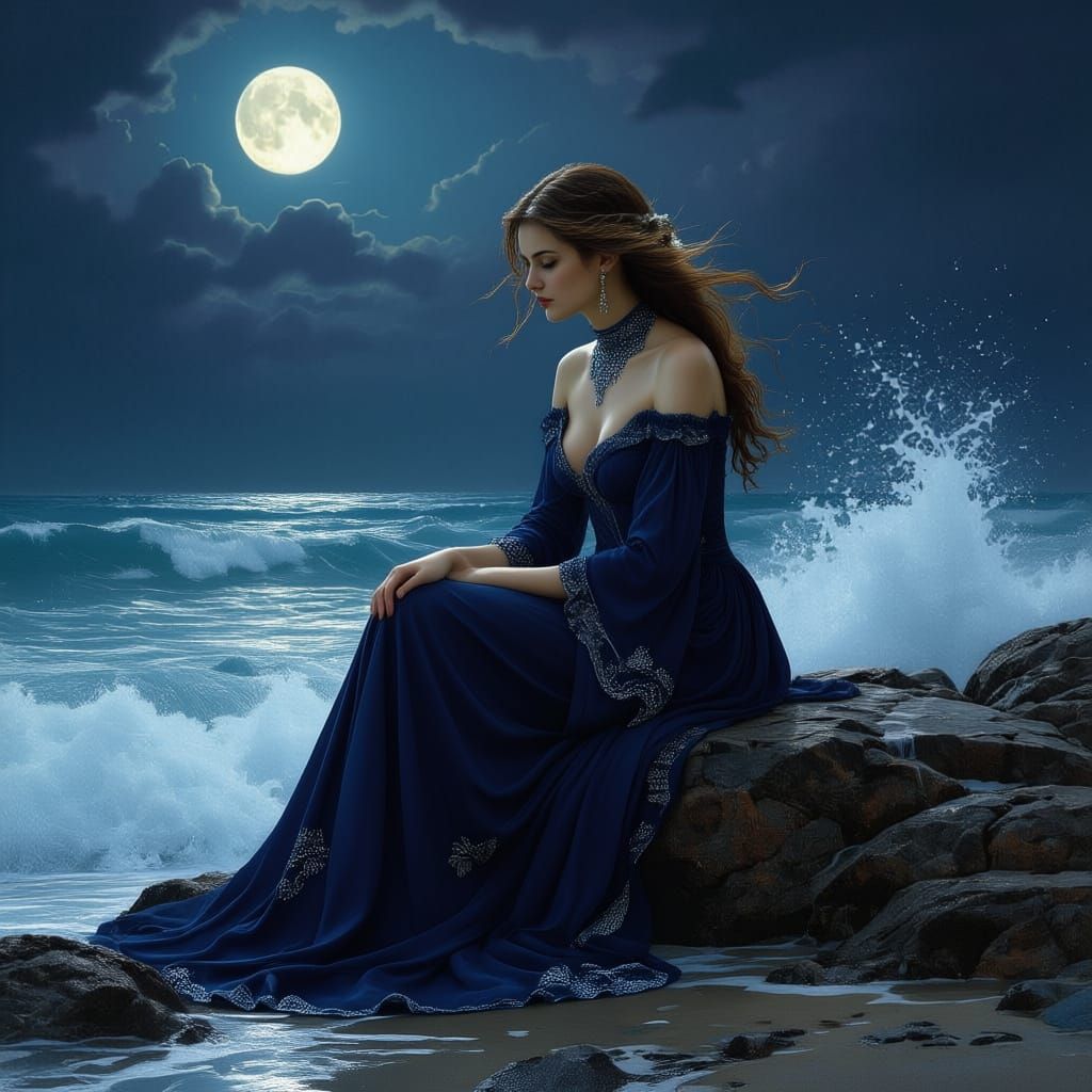 Woman by Wild Sea in Moonlight, John Waterhouse Style