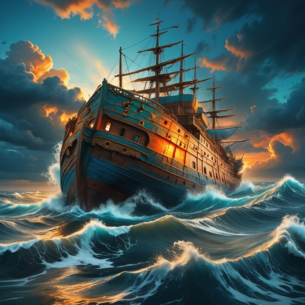 Majestic Ship Sinking in Turbulent Ocean at Dawn