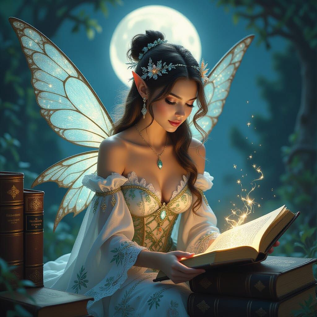 Ethereal Fairy with Magical Books, Brian Froud Style