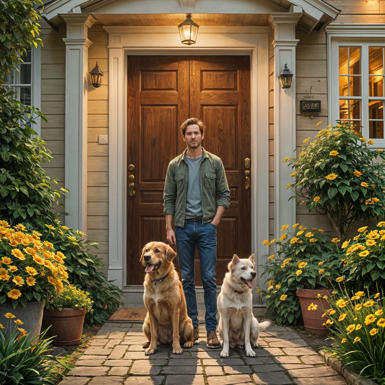 Man Tackled by Playful Dogs at Front Door