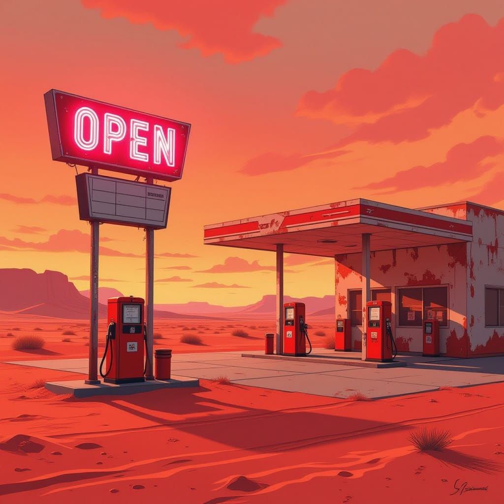 Retrofuturistic Gas Station in Red Desert Landscape