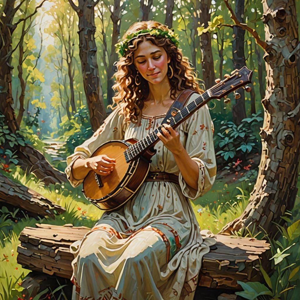 Greek Goddess Plays Banjo in Impressionist Forest