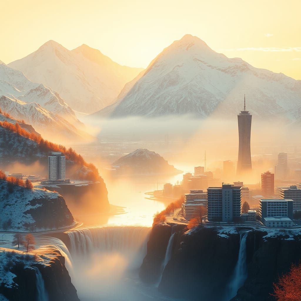 Mountain Waterfalls Flowing into City: Watercolor Concept Ar...
