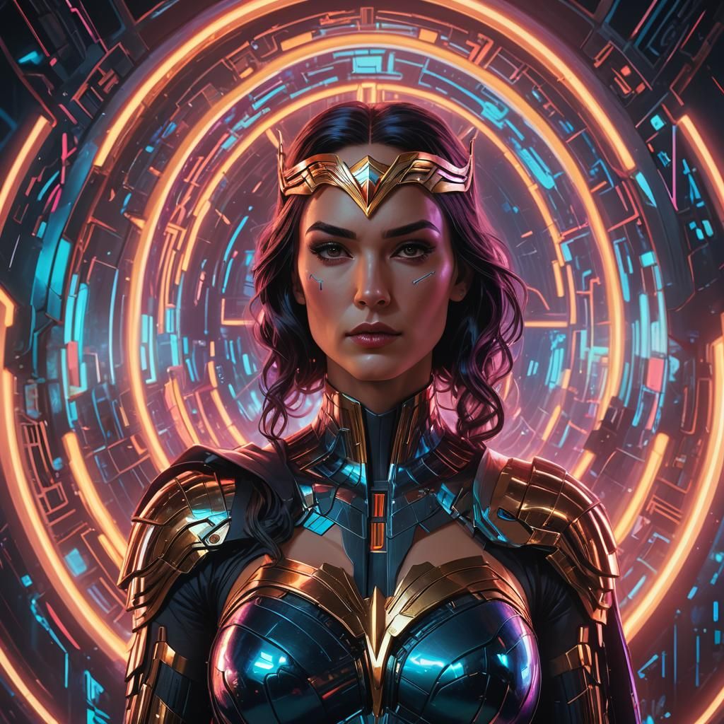 Futuristic Wonder Woman Portrait in Cyberpunk Style