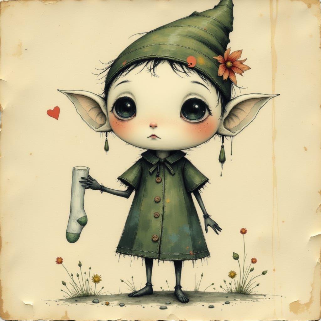 Dobbie the House Elf Holding a Sock in Watercolour Style