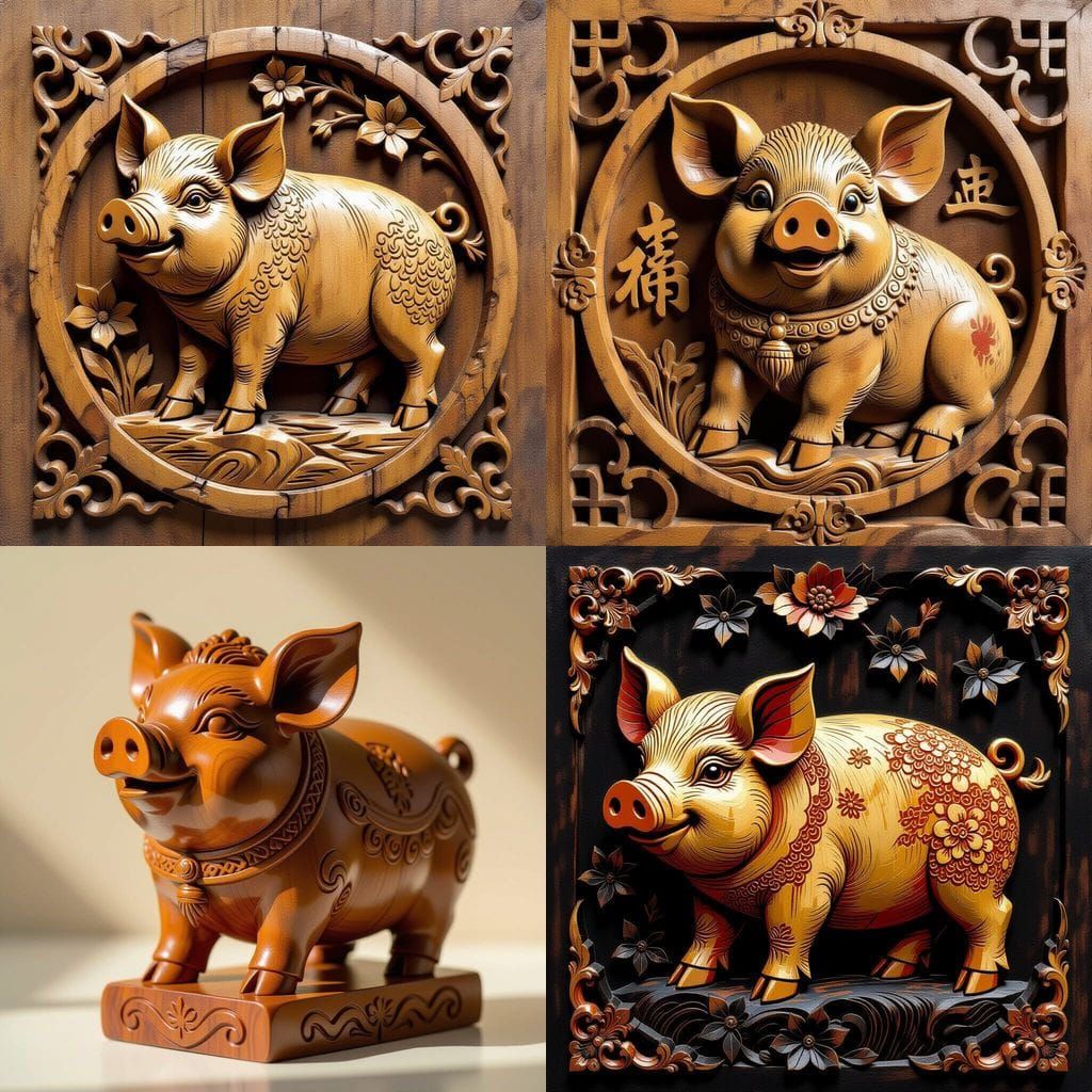 Chinese Zodiac Pig in Traditional Woodcarving Style