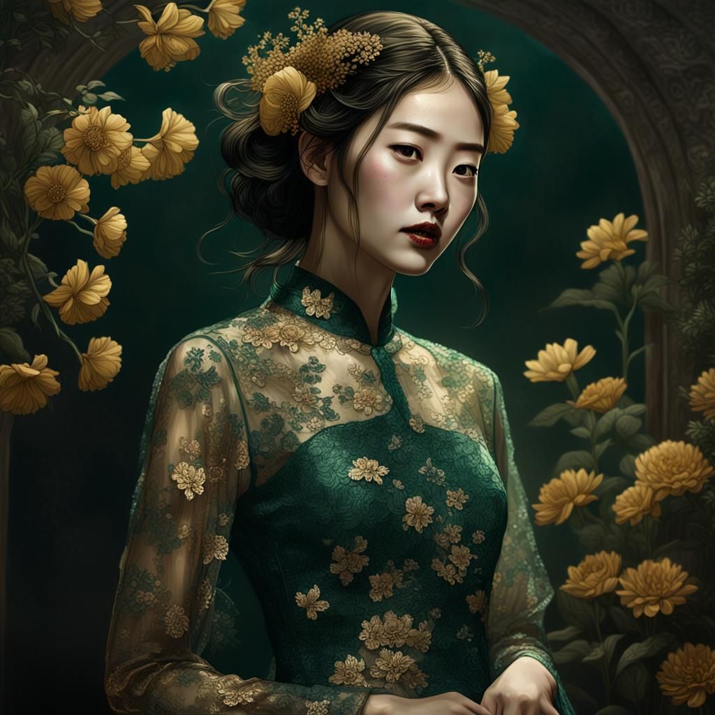 Korean Woman in Gold and Green Lace Dress