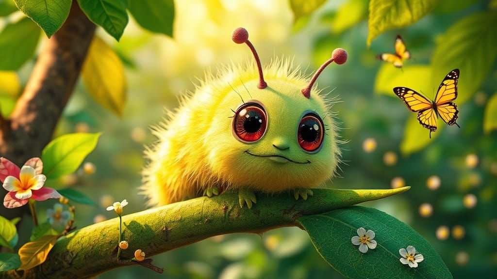Whimsical Caterpillar in Enchanting Forest: Pixar-Style CGI