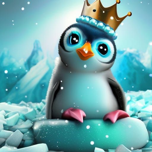 Cute Penguin on Ice Throne in Cartoon Style